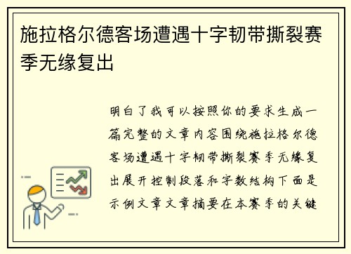 施拉格尔德客场遭遇十字韧带撕裂赛季无缘复出